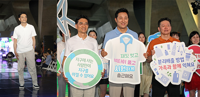 마 소재 셔츠와 면바지를 입고 친환경 패션쇼 런웨이에 오른 진재승 유한킴벌리 대표(왼쪽)
오세훈 서울시장(중앙) 김용태 효성티앤씨 본부장(오른쪽) 마 소재 셔츠와 면바지를 입고 친환경 패션쇼 런웨이에 오른 진재승 유한킴벌리 대표(왼쪽)
오세훈 서울시장(중앙) 김용태 효성티앤씨 본부장(오른쪽)
